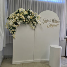 Load image into Gallery viewer, Backdrop flower arrangements - available for hire when hiring a backdrop with us by UpUpNAwayBalloons