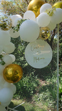 Load image into Gallery viewer, White Acrylic Disk Sign Hire (not available to hire without a backdrop and organic garlands) by UpUpNAwayBalloons