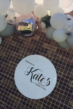 Load image into Gallery viewer, White Acrylic Disk Sign Hire (not available to hire without a backdrop and organic garlands) by UpUpNAwayBalloons