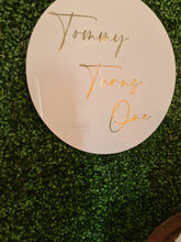 Load image into Gallery viewer, White Acrylic Disk Sign Hire (not available to hire without a backdrop and organic garlands) by UpUpNAwayBalloons