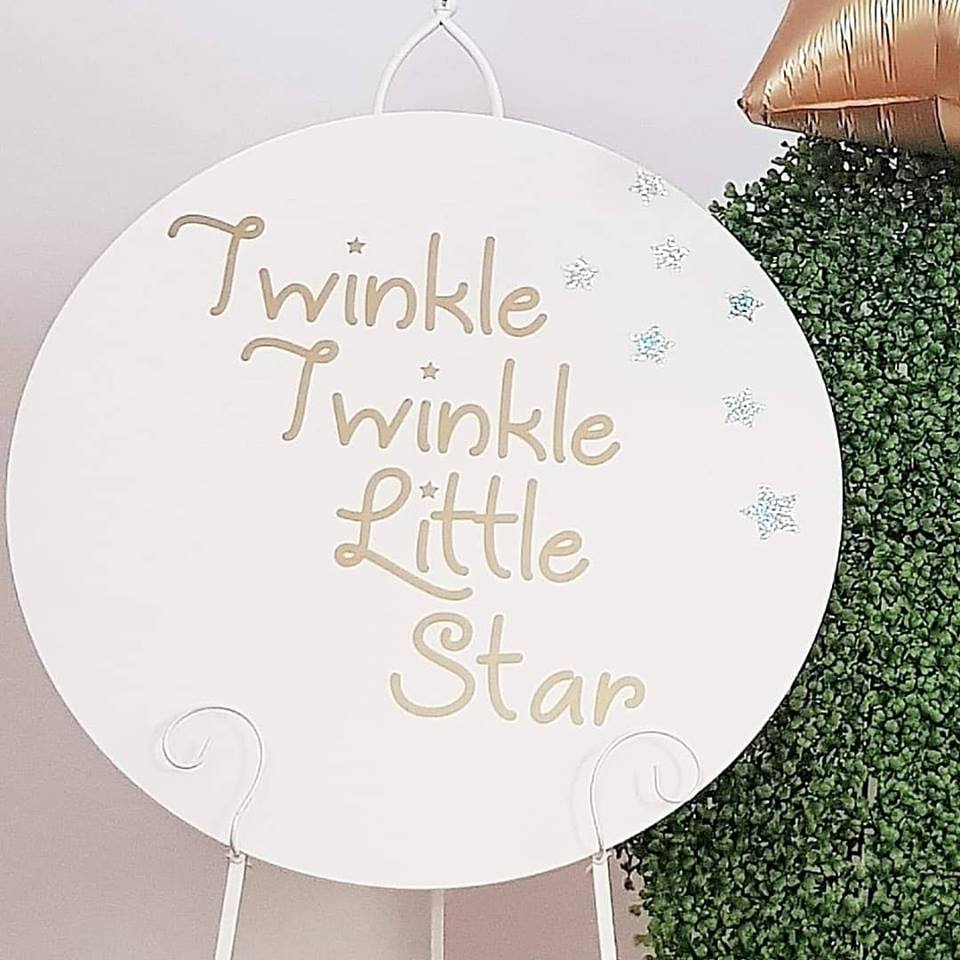 White Acrylic Disk Sign Hire - UpUpNAwayBalloons