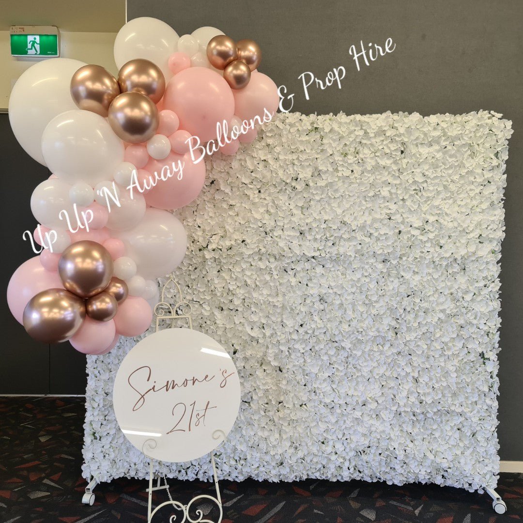 White Hydrangea Flower Wall Backdrop for Hire - UpUpNAwayBalloons