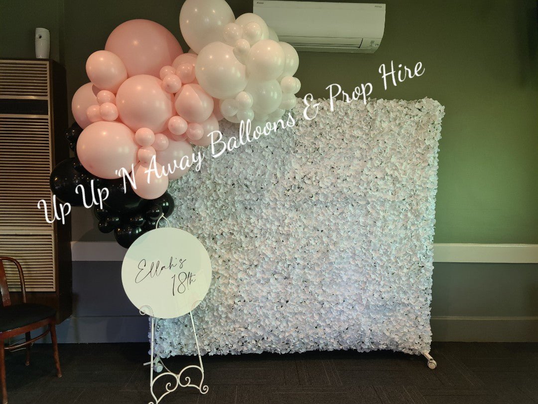 White Hydrangea Flower Wall Backdrop for Hire - UpUpNAwayBalloons