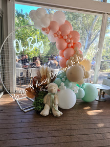 Oh Baby Neon Sign for Hire with backdrop - UpUpNAwayBalloons