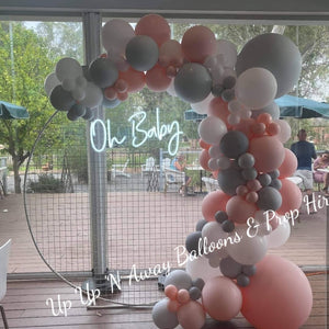 Oh Baby Neon Sign for Hire with backdrop - UpUpNAwayBalloons