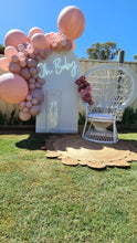 Load image into Gallery viewer, Oh Baby Neon Sign for Hire with backdrop - UpUpNAwayBalloons
