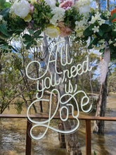 Load image into Gallery viewer, All You Need Is LOVE Neon Sign for Hire - only available when hiring a backdrop and ordering a balloon garland by UpUpNAwayBalloons
