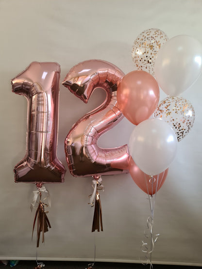 Balloon Numbers [Double Digit] with tassel, bow & accompanying bouquet. by UpUpNAwayBalloons