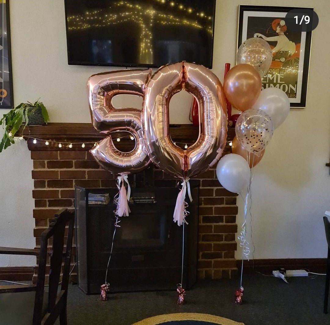 Balloon Numbers [Double Digit] with tassel, bow & accompanying bouquet. by UpUpNAwayBalloons