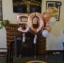 Load image into Gallery viewer, Balloon Numbers [Double Digit] with tassel, bow &amp; accompanying bouquet. by UpUpNAwayBalloons
