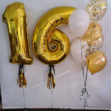 Load image into Gallery viewer, Balloon Numbers [Double Digit] with tassel, bow &amp; accompanying bouquet. by UpUpNAwayBalloons
