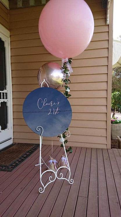 Black Acrylic Disk Sign Hire (not available to hire without a backdrop and organic garlands) by UpUpNAwayBalloons