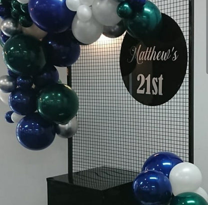 Black Acrylic Disk Sign Hire (not available to hire without a backdrop and organic garlands) by UpUpNAwayBalloons