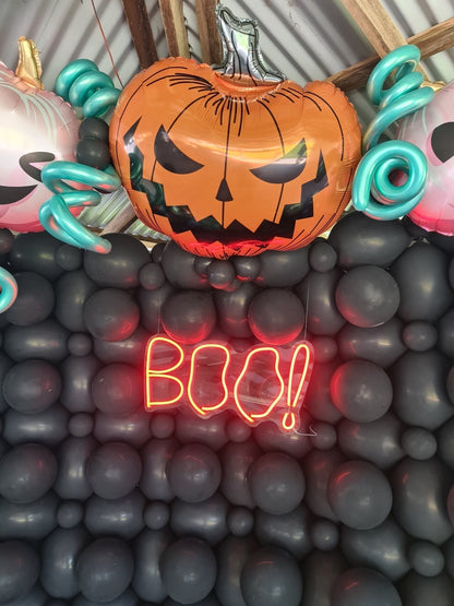 BOO Halloween Neon Sign - only available when hiring a backdrop and ordering a balloon garland - UpUpNAwayBalloons