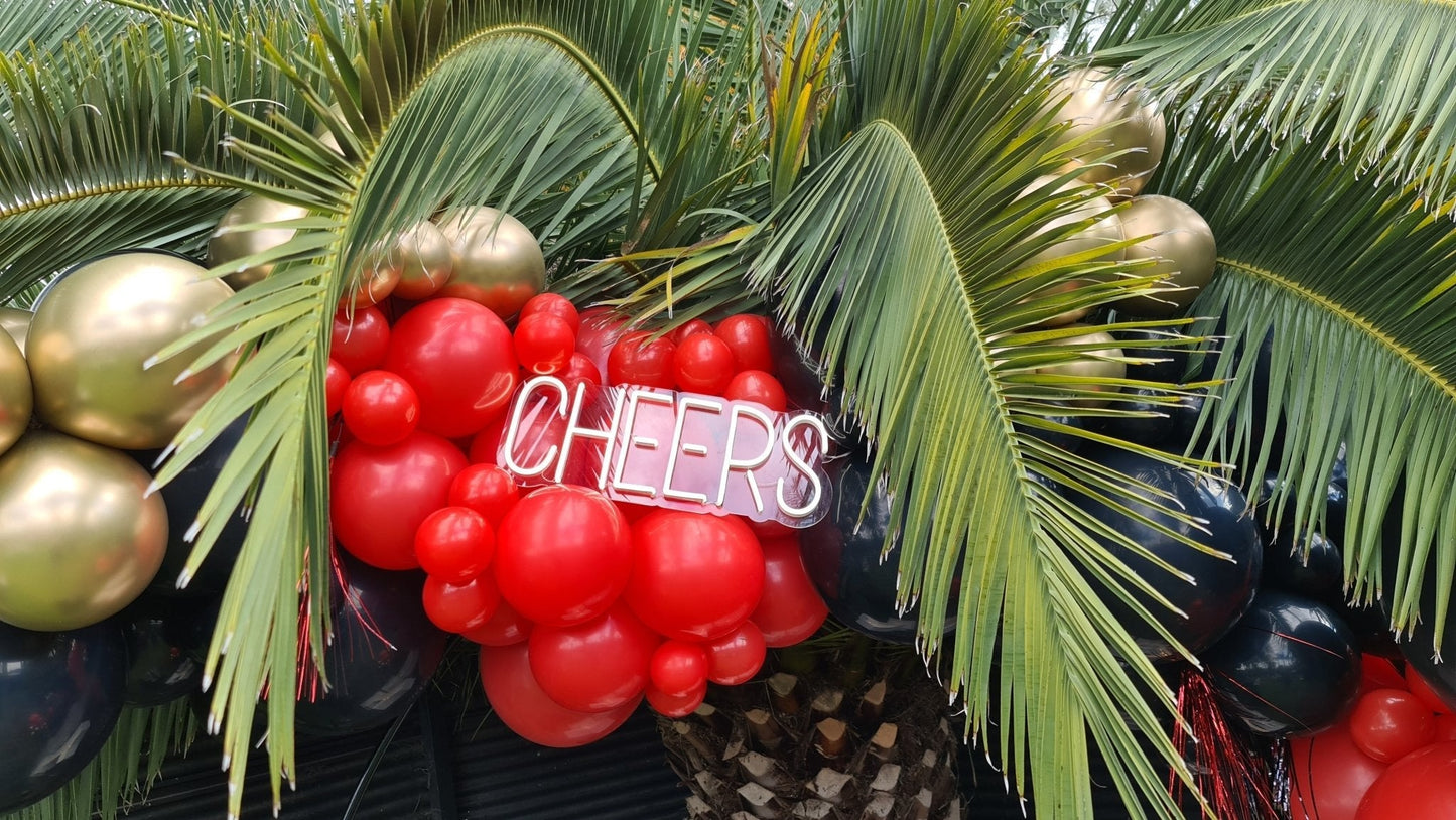 Cheers Neon Sign for Hire - only available when hiring a backdrop and ordering a balloon garland by UpUpNAwayBalloons
