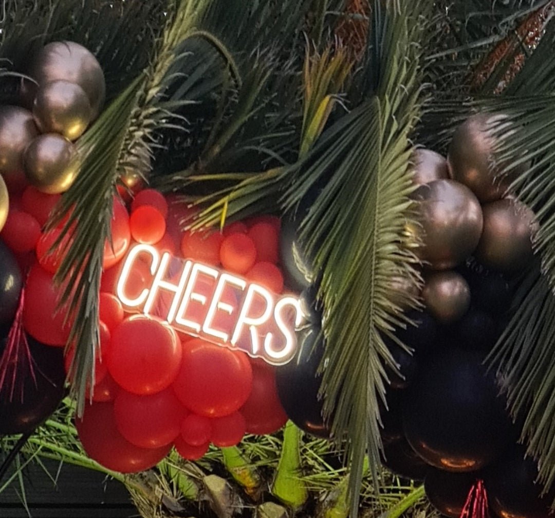 Cheers Neon Sign for Hire - only available when hiring a backdrop and ordering a balloon garland by UpUpNAwayBalloons