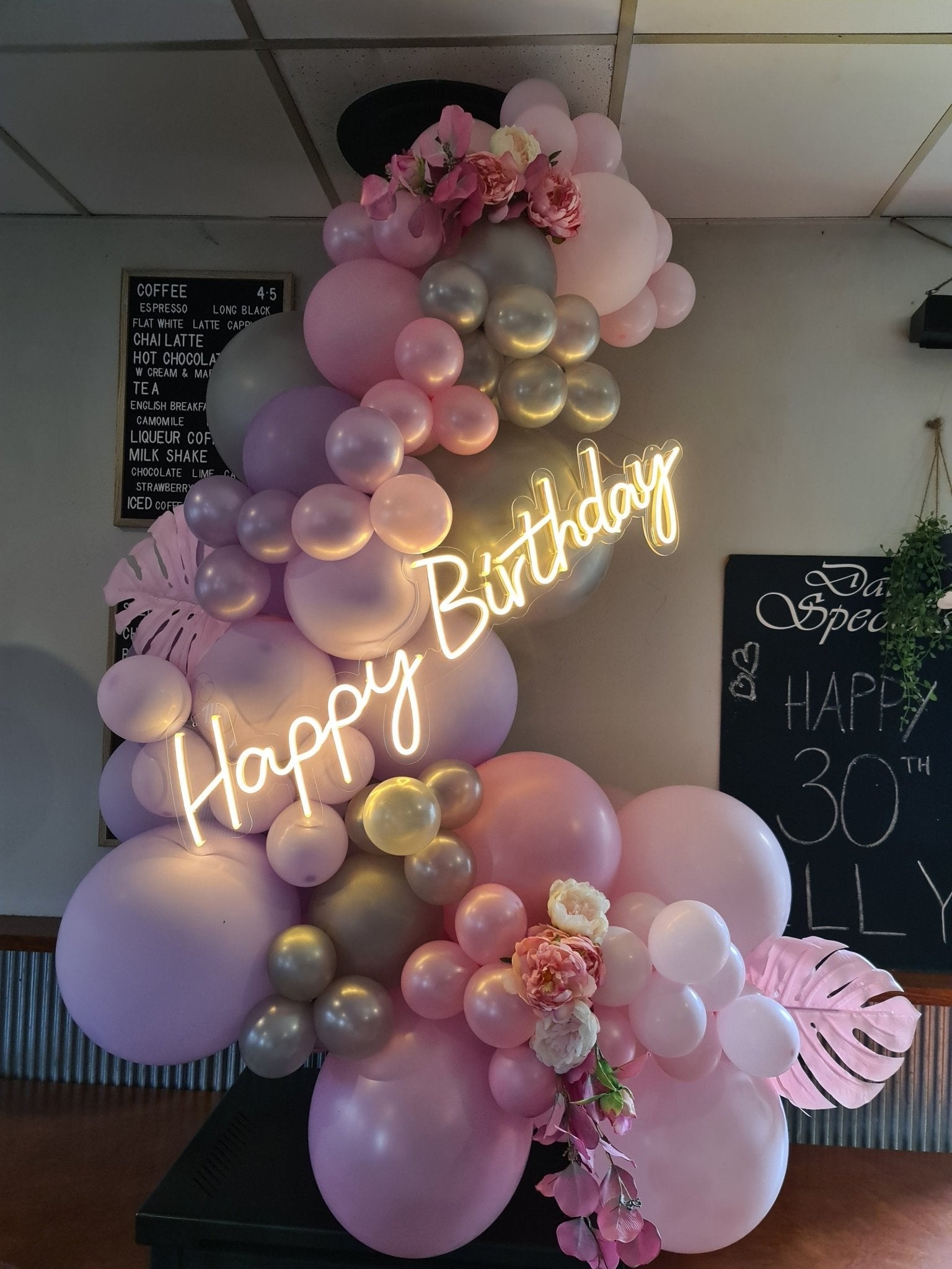 Happy Birthday Neon Sign for Hire - only available when hiring a backdrop and ordering a balloon garland by UpUpNAwayBalloons