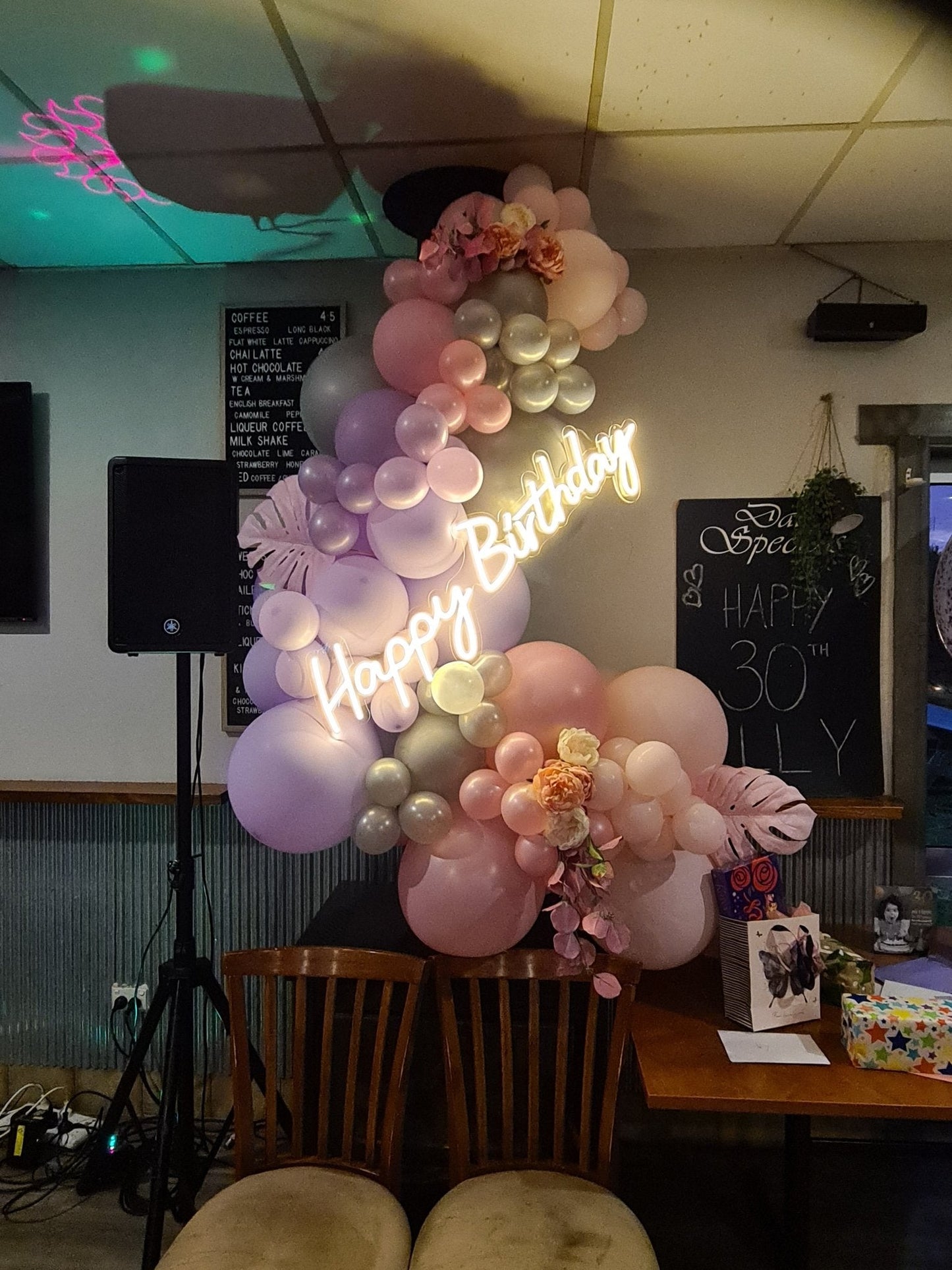 Happy Birthday Neon Sign for Hire - only available when hiring a backdrop and ordering a balloon garland by UpUpNAwayBalloons
