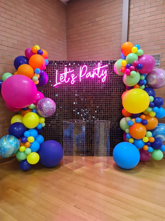 Lets Party Neon Sign for Hire - only available when hiring a backdrop and ordering a balloon garland by UpUpNAwayBalloons