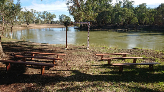 Redgum Bench Seats for Hire by UpUpNAwayBalloons