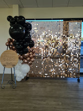 Load image into Gallery viewer, Rose Gold Shimmer Wall Backdrop for Hire - Only available when ordering Balloon Garlands also by UpUpNAwayBalloons
