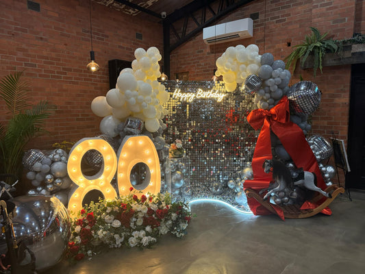 Silver Shimmer Wall Backdrop for Hire - Only available when ordering Balloon Garlands also - UpUpNAwayBalloons