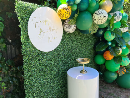 White Acrylic Disk Sign Hire (not available to hire without a backdrop and organic garlands) by UpUpNAwayBalloons