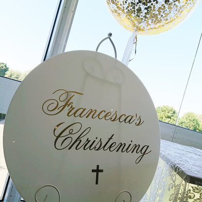 White Acrylic Disk Sign Hire (not available to hire without a backdrop and organic garlands) by UpUpNAwayBalloons