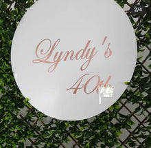 Load image into Gallery viewer, White Acrylic Disk Sign Hire (not available to hire without a backdrop and organic garlands) by UpUpNAwayBalloons
