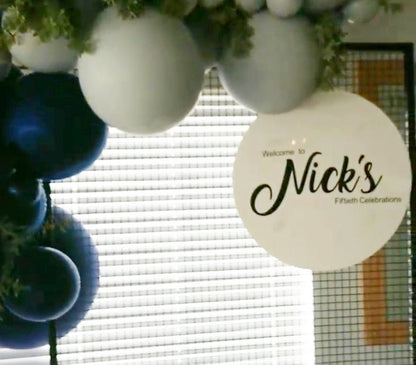White Acrylic Disk Sign Hire (not available to hire without a backdrop and organic garlands) by UpUpNAwayBalloons