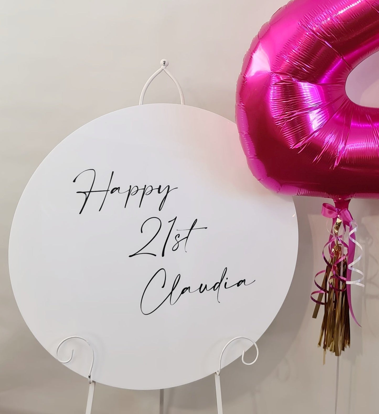 White Acrylic Disk Sign Hire (not available to hire without a backdrop and organic garlands) by UpUpNAwayBalloons