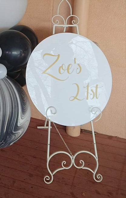 White Acrylic Disk Sign Hire (not available to hire without a backdrop and organic garlands) by UpUpNAwayBalloons