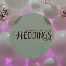 Load image into Gallery viewer, White Acrylic Disk Sign Hire (not available to hire without a backdrop and organic garlands) by UpUpNAwayBalloons
