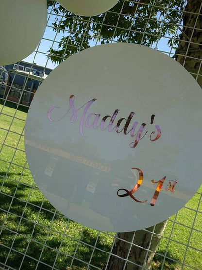 White Acrylic Disk Sign Hire (not available to hire without a backdrop and organic garlands) by UpUpNAwayBalloons