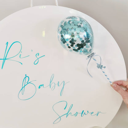 White Acrylic Disk Sign Hire (not available to hire without a backdrop and organic garlands) by UpUpNAwayBalloons