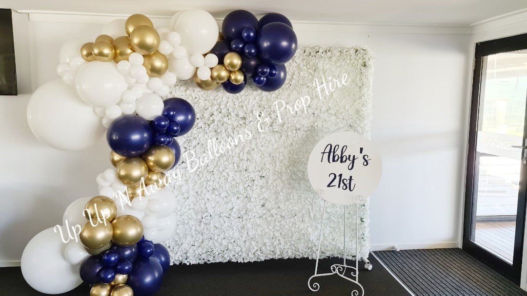 White Hydrangea Flower Wall Backdrop for Hire - Only available when ordering Balloon Garlands also by UpUpNAwayBalloons