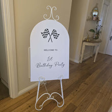 Load image into Gallery viewer, White or Opaque Acrylic Disk Sign Hire (not available to hire without a backdrop and organic garlands) - UpUpNAwayBalloons
