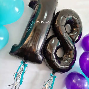 personalised balloon numbers [double digit with tassels or bubble balloons at the neck.