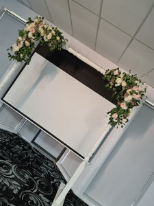 Backdrop flower arrangements - UpUpNAwayBalloons