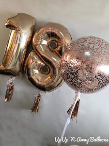 personalised balloon numbers [double digit with tassels or bubble balloons at the neck.