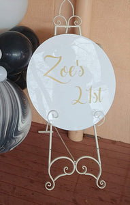 white acrylic disk sign hire