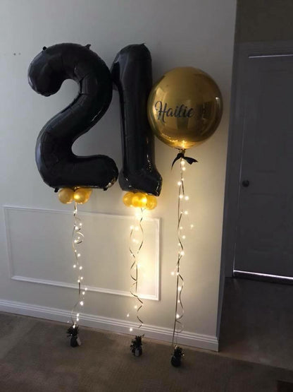 Balloon Numbers [Double Digit] with LED string lights & Personalised Orbz - UpUpNAwayBalloons