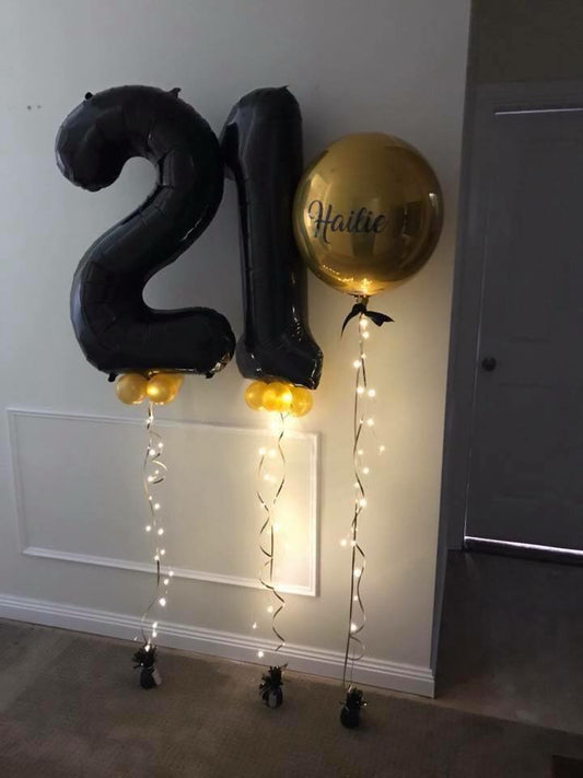 Balloon Numbers [Double Digit] with LED string lights & Personalised Orbz - UpUpNAwayBalloons