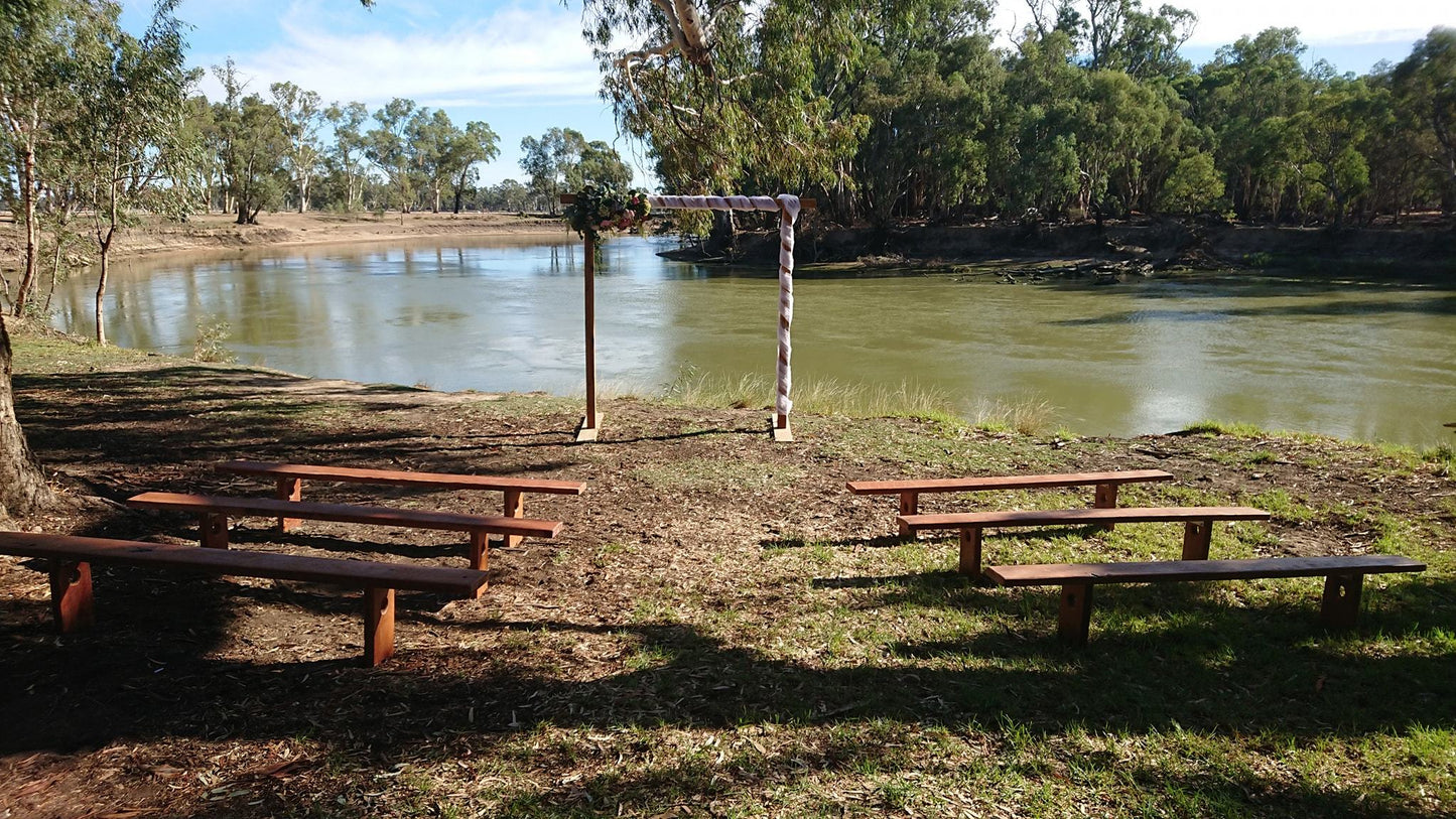 Redgum Bench Seats for Hire - UpUpNAwayBalloons