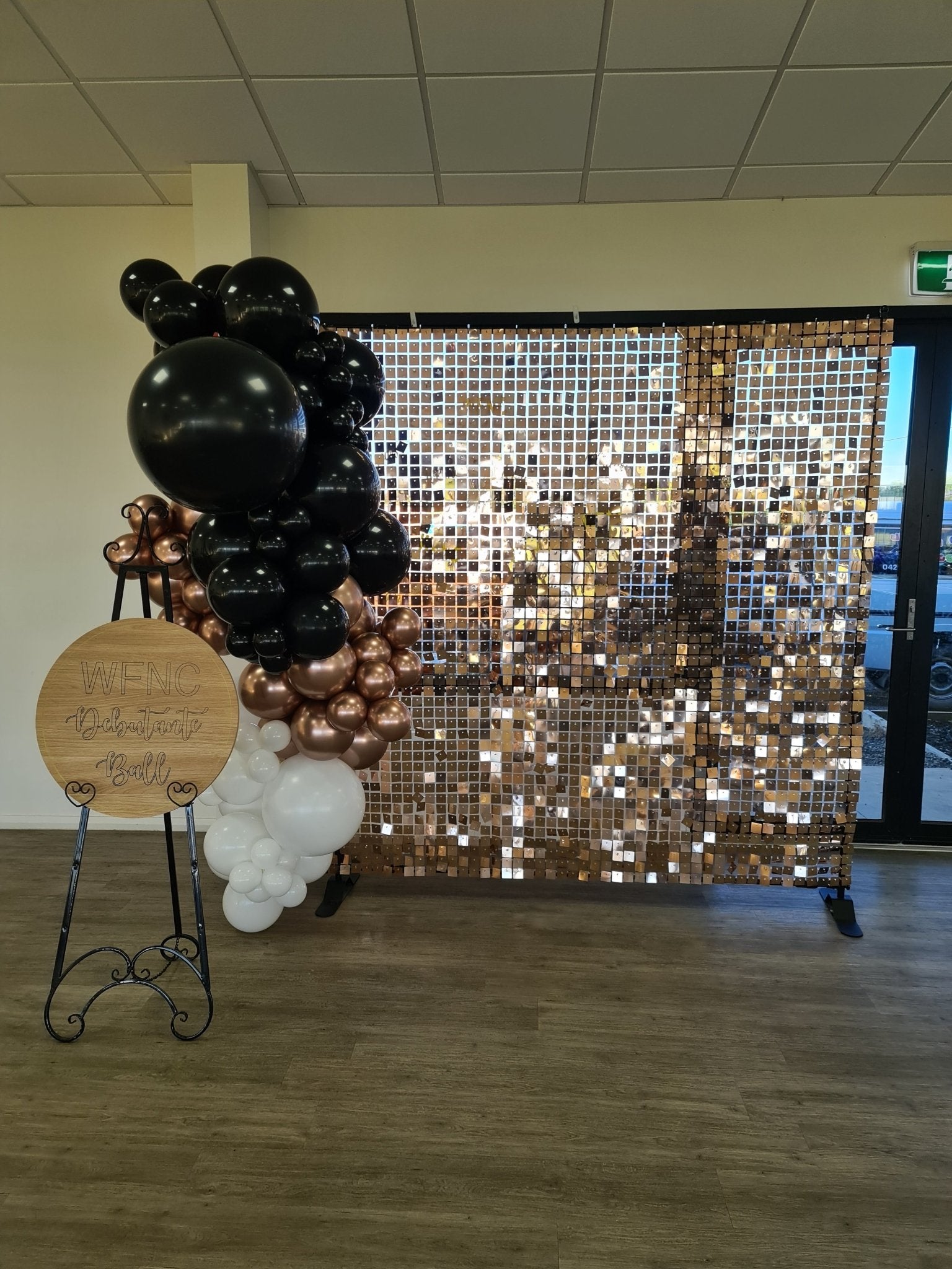 Rose Gold Shimmer Wall Backdrop for Hire - UpUpNAwayBalloons