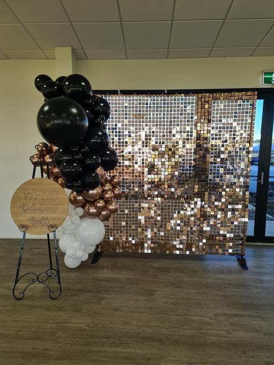 Rose Gold Shimmer Wall Backdrop for Hire - UpUpNAwayBalloons
