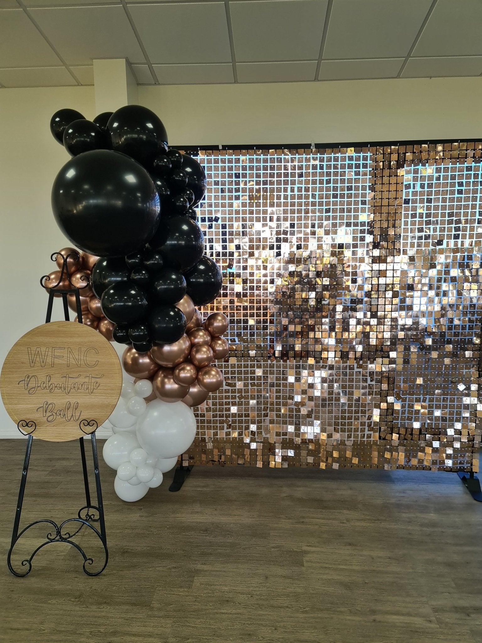 Rose Gold Shimmer Wall Backdrop for Hire - UpUpNAwayBalloons
