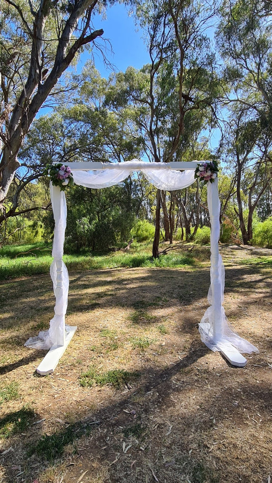 Sheer Tulle for Hire to adorn our Wedding Arbours - UpUpNAwayBalloons
