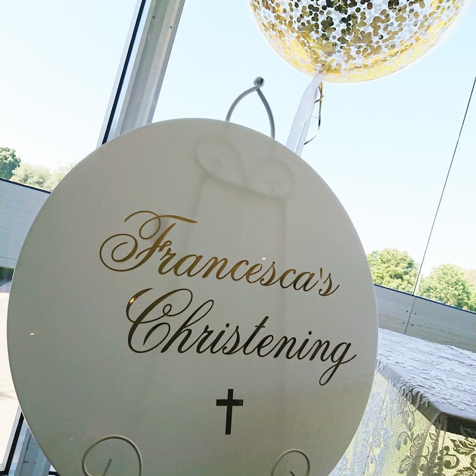 White Acrylic Disk Sign Hire - UpUpNAwayBalloons