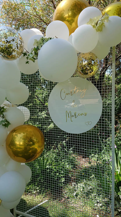 White Acrylic Disk Sign Hire - UpUpNAwayBalloons